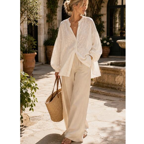 Free People Tops - Free People Maddison Eyelet Cotton Blouse Ivory white Oversized Balloon XL